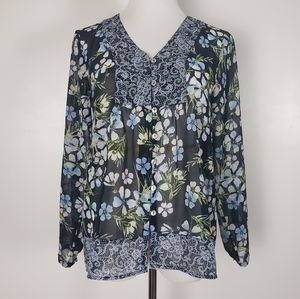 J. Jill small petite sheer floral button up blouse vneck navy blue